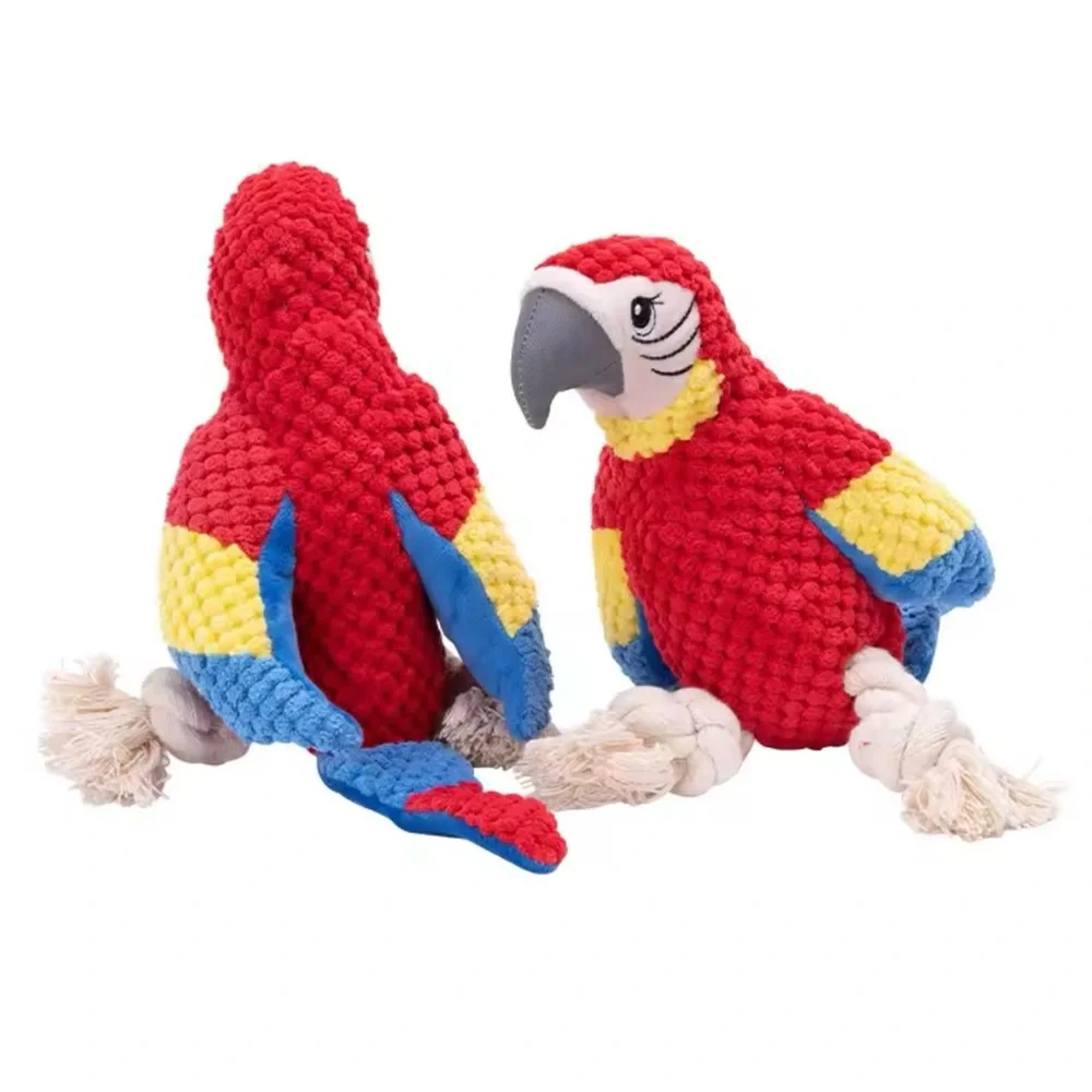 Squeaky Plush Parrot Dog Toy – Crinkle Wings & Rope Legs
